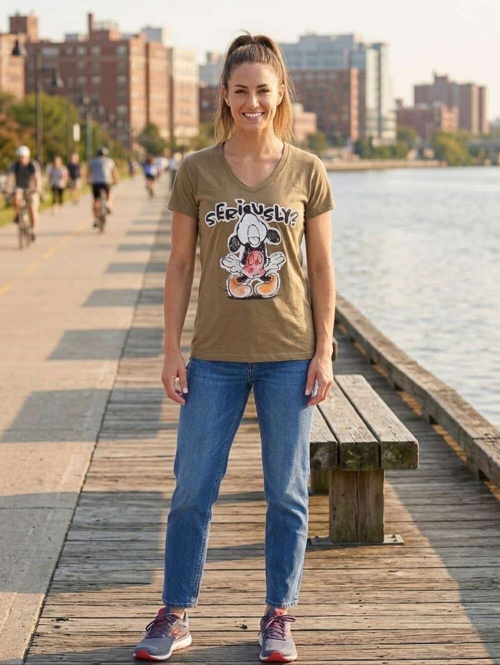 Disney Mickey Mouse 'SERIOUSLY?' Khaki Green V-Neck Short Sleeve Graphic Tee Med